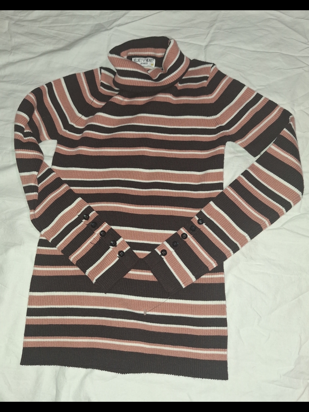 Velvet Heart Striped Turtleneck Sweater in Brown, Pink & Cream